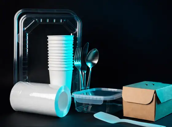 Trays, cling film, cups, cutlery and a paper food box
